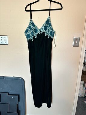 Dark green velvet dress with  Teal Lace Bodice
